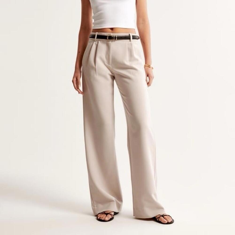 Abercrombie & Fitch Wide-Leg High-Rise Trousers in Light Beige